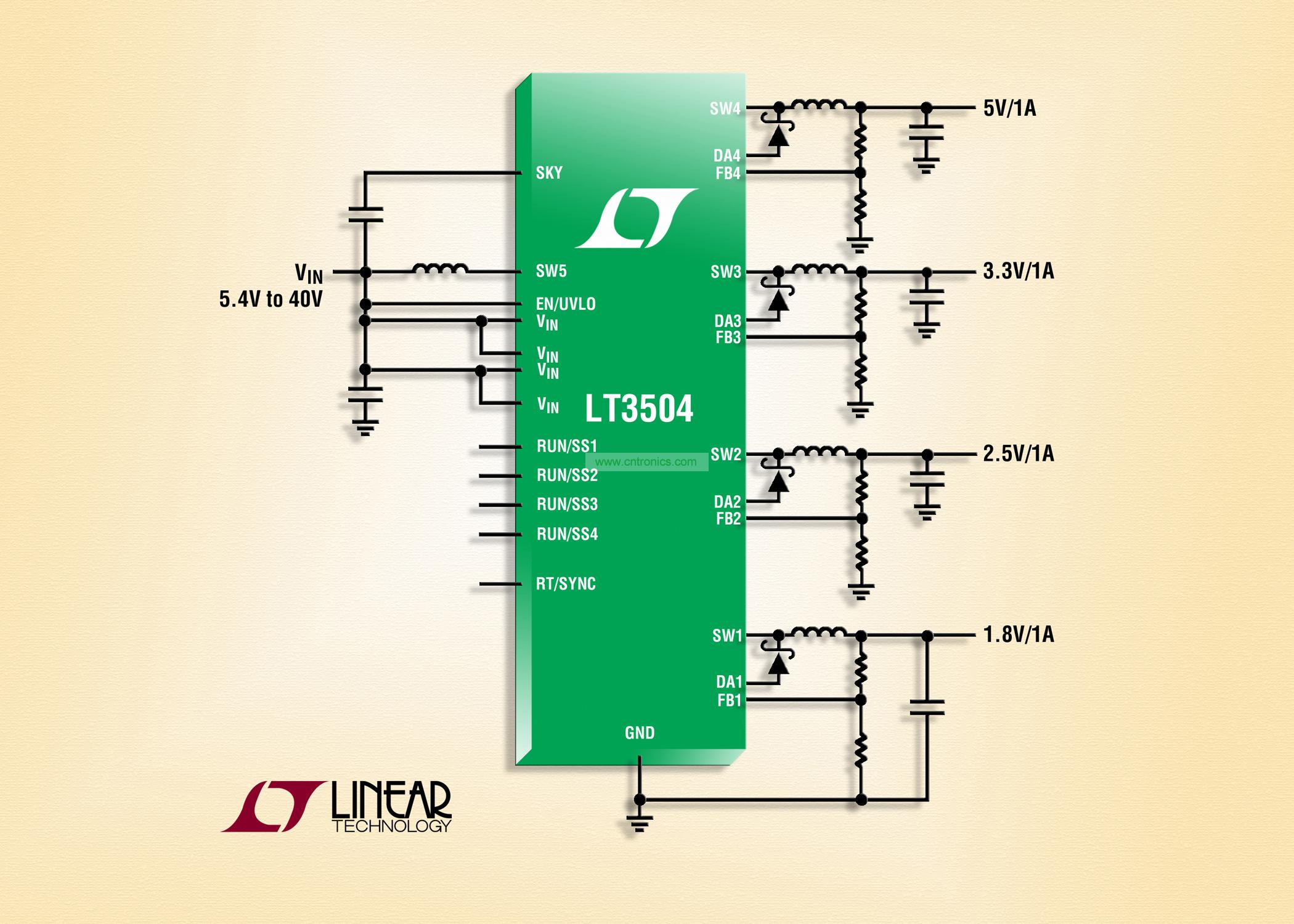40V、4 通道 1A (IOUT)、2.2MHz 降壓型 DC/DC 轉(zhuǎn)換器