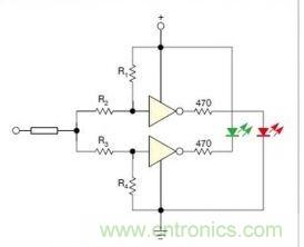 在雙門構(gòu)成的CMOS/TTL兼容探頭中，R1至R4電阻網(wǎng)絡(luò)對(duì)反相器輸入端做偏置