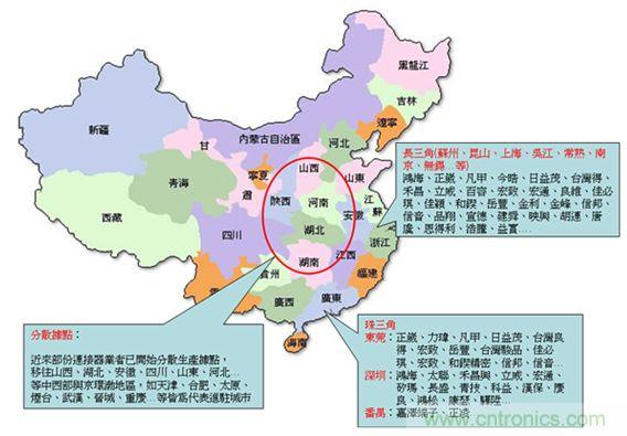 圖2:臺灣連接器廠商大陸設(shè)廠分布圖