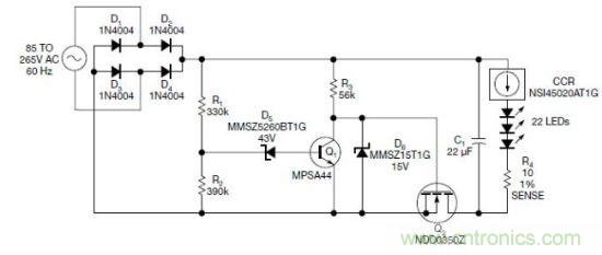 圖1：電路以恒流驅(qū)動一串LED，可用于全世界的各種交流電壓