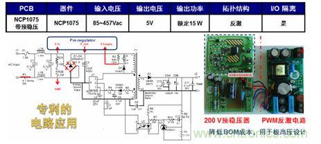 基于NCP1075開關(guān)穩(wěn)壓器和200 V預(yù)穩(wěn)壓器的極寬電壓范圍15 W參考設(shè)計(jì)。