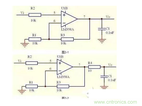 2、不要在運(yùn)放輸出直接并接電容